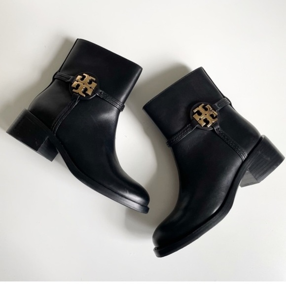 Tory Burch Miller black leather boots gold tone logo zipper booties Sz 10 1/2 - Picture 13 of 13
